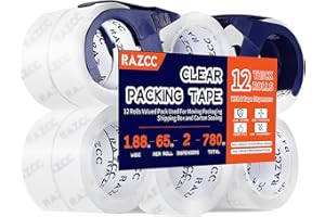RAZCC Packing Tape, 12 Rolls Clear Heavy Duty Packaging Tape with Dispensers for Packing, Shipping, Moving and Mailing, Thicker Sealing Tape-1.88" x 65 Yards Per Roll, 780 Total Yards