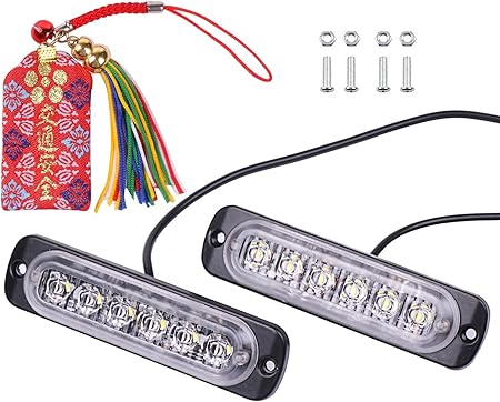 Amazon 12v 24v 兼用 6連 Led ストロボ フラッシュ ライト 17モード 取付ネジ お守り付 高輝度 ホワイト 超薄型 防水 汎用 警告灯 汎用バルブ 車 バイク