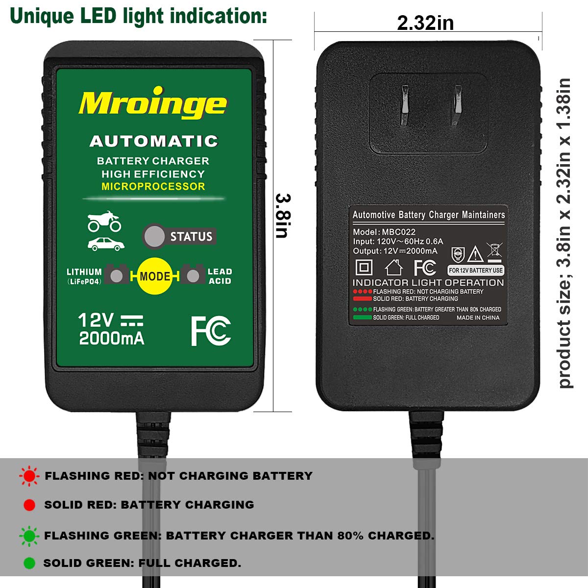 LiFePO4 Mroinge 12V 2A Lead Acid/Lithium LiFePO4 Automatic Trickle
