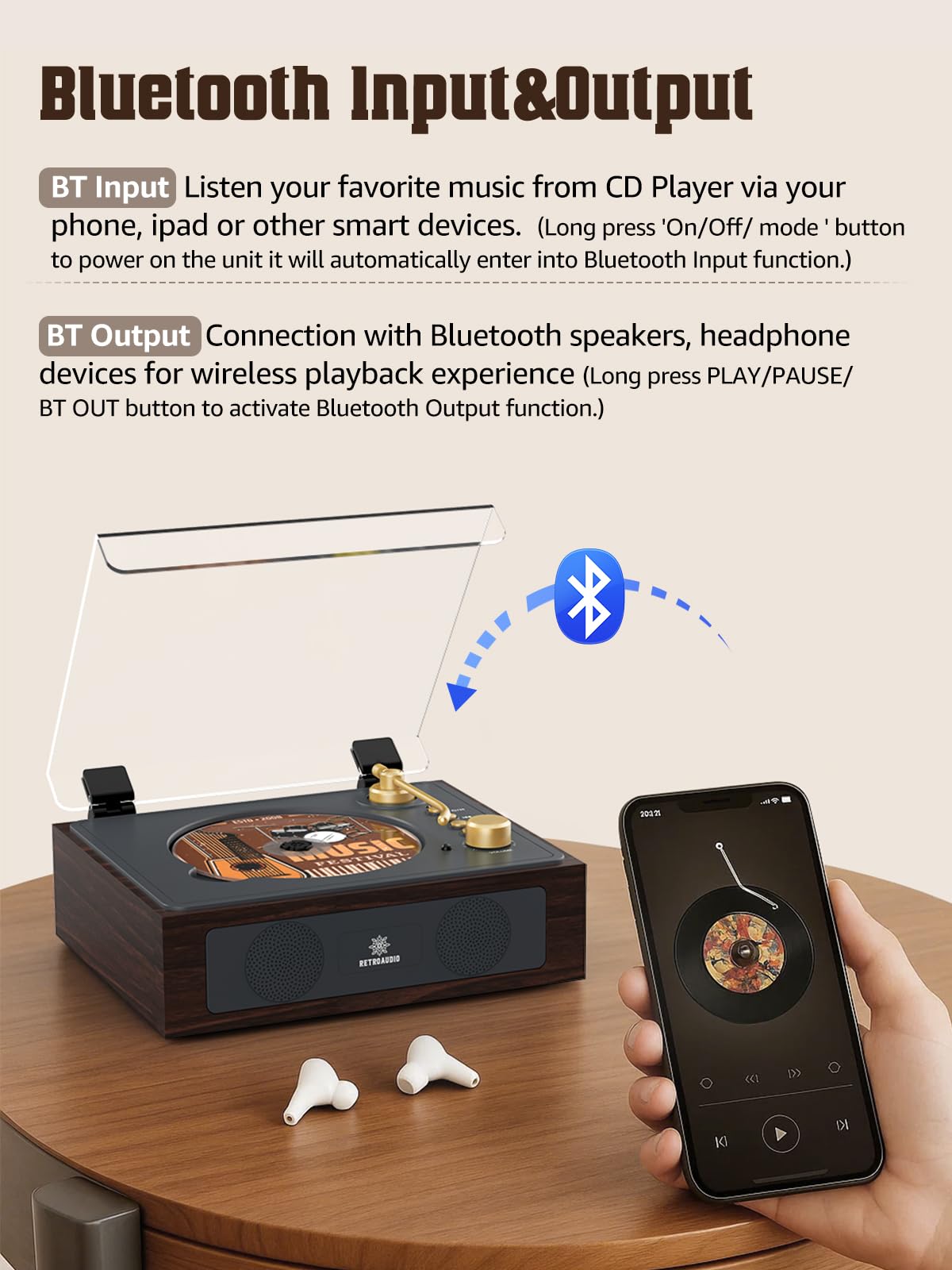 CD Player with Built-in Speakers Bluetooth Retro Portable CD Players for Home Music Player with Remote Control Headphone Jack Walnut Brown