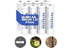 PEYESTEN 1.2V Ni-Mh AA Rechargeable Battery 600 mAh Double A Battery for Outdoor Garden Lights Solar Light Pathway Lights 8 Packs