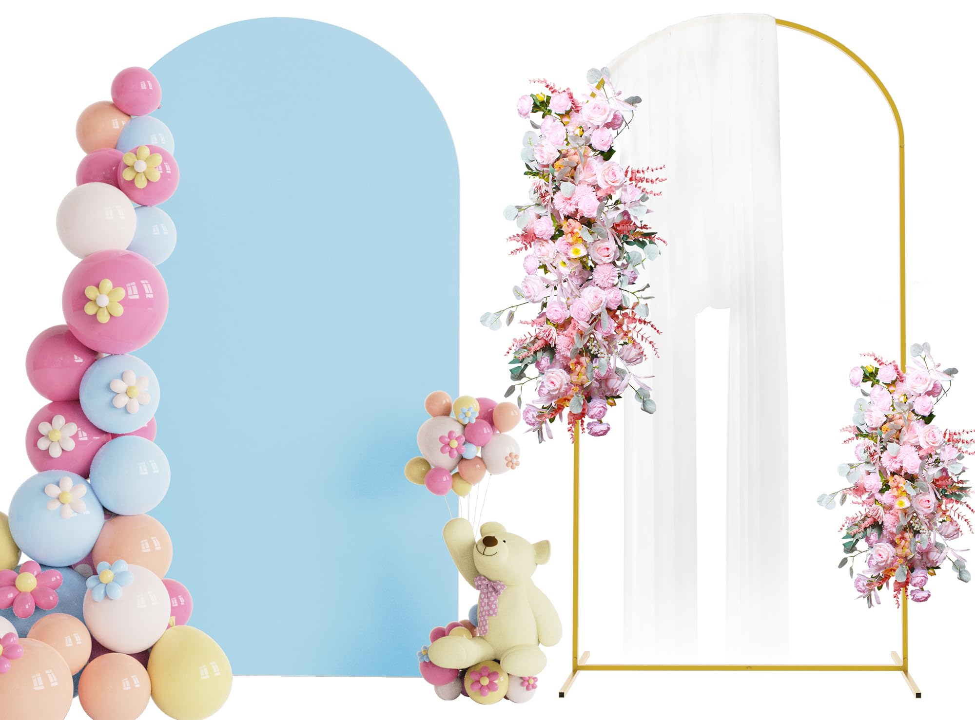Photo 1 of Putros 7.2ft Metal Arch Stand with Cover Dusty Blue Spandex Fitted Wedding Arch Cover and Round Top Chiara Backdrop Stand Set for Birthday Party Baby Shower Decoration