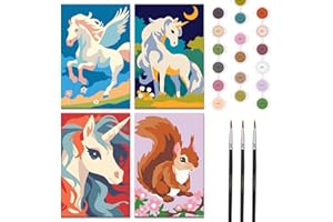 Nariolar 4 Pack Paint by Numbers Kit for Kids Ages 4-6 with 4.7X3.1inch Pre-Printed Cardboard,Acrylic Paint Pots and 3 Painting Brushes，Creative Gifts for Kids（Unicorn and Squirrel
