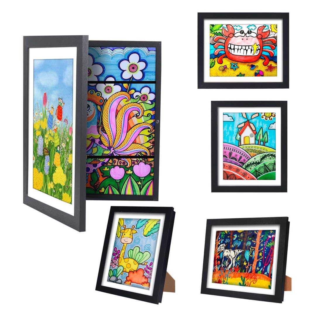 Kids Artwork Display Frame - Kids Art Frame,25.4x31.8 cm Wooden Front Opening Picture Frame,Photo Frames Multiple Pictures,for 150 A4 Pictures,Children's Drawing,Certificate,With Storage(Black)