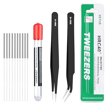 3D Drucker Düse Reinigung Kit 10Pcs 0,4mm Nadeln in einen Kunststoffbehälter mit 2 Stk Pinzetten Set Aus Edelstahl