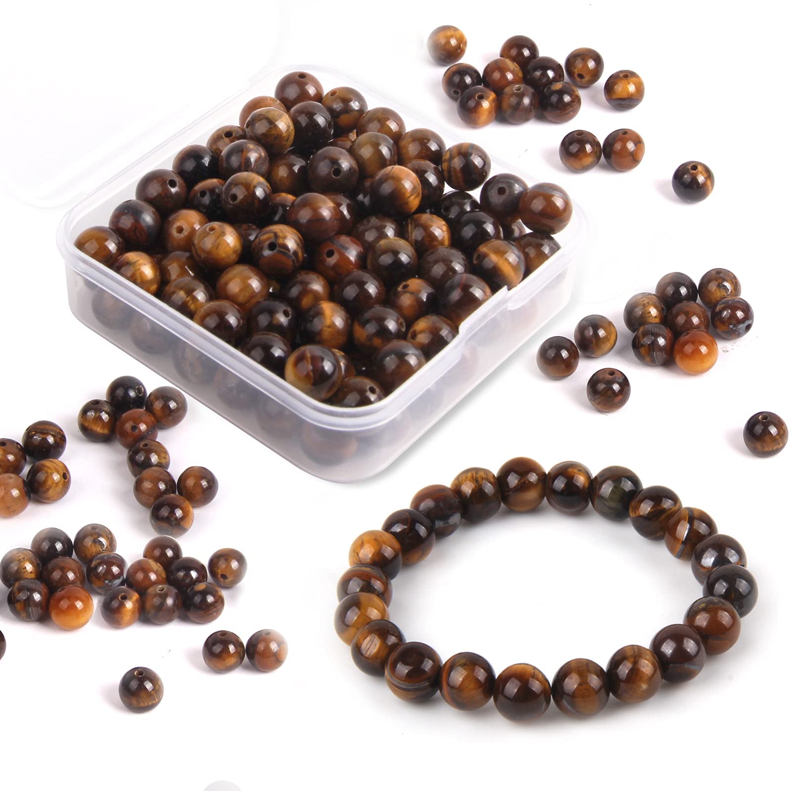 Colle 8mm Tiger Eye Natural Stone Bead, 100pcs Round Loose Gemstone Beads for Bracelet Necklace Jewelry Making, Gemstone Beads for DIY Craft