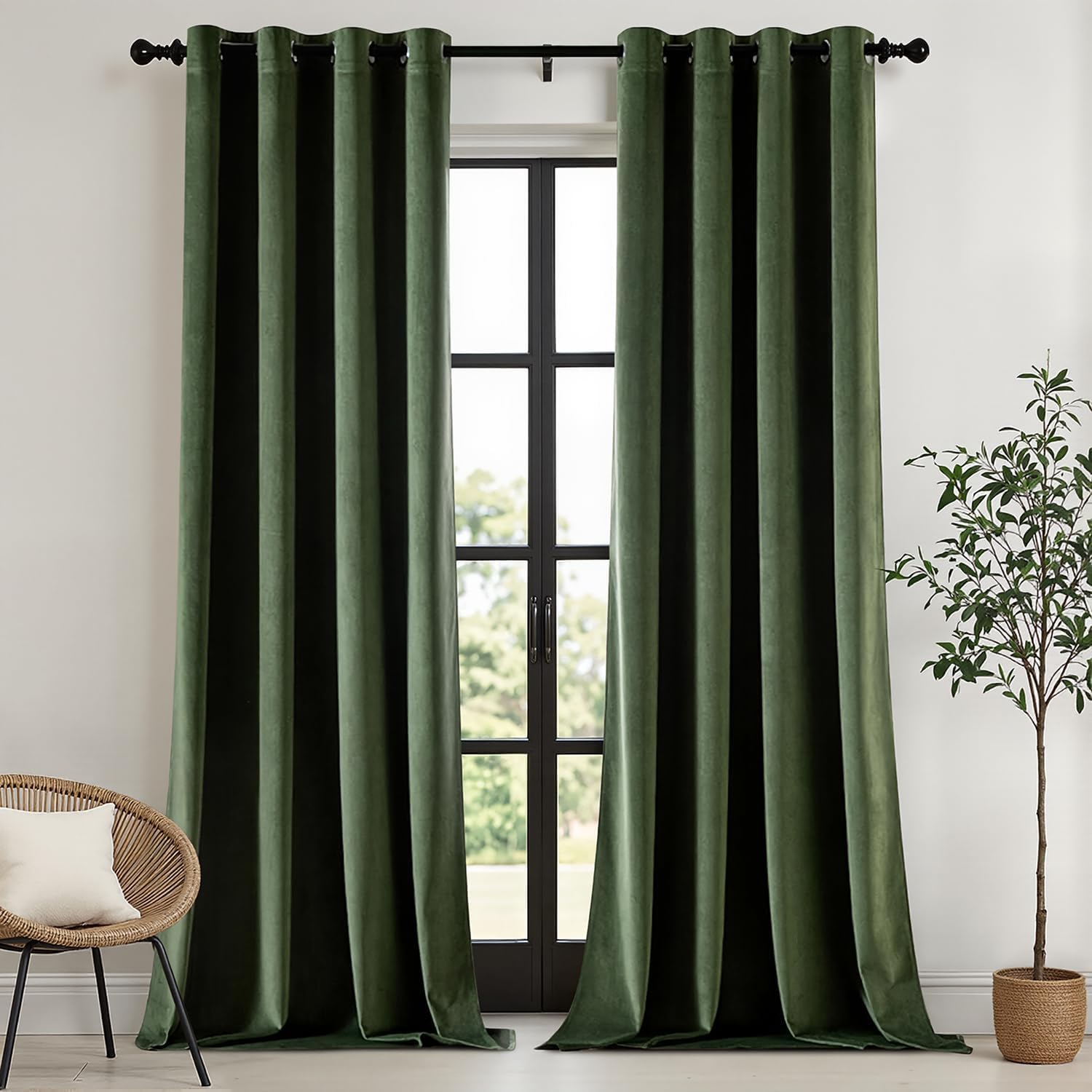 MIULEE Olive Green Velvet Curtains for Bedroom 2 Panel Set 90 Inch Drop Curtains, Soft Elegent Home Decor Velvet Curtain Living Room, Sun Blocking Room Darkening Thermal Eyelet Curtain 46x90 Inch