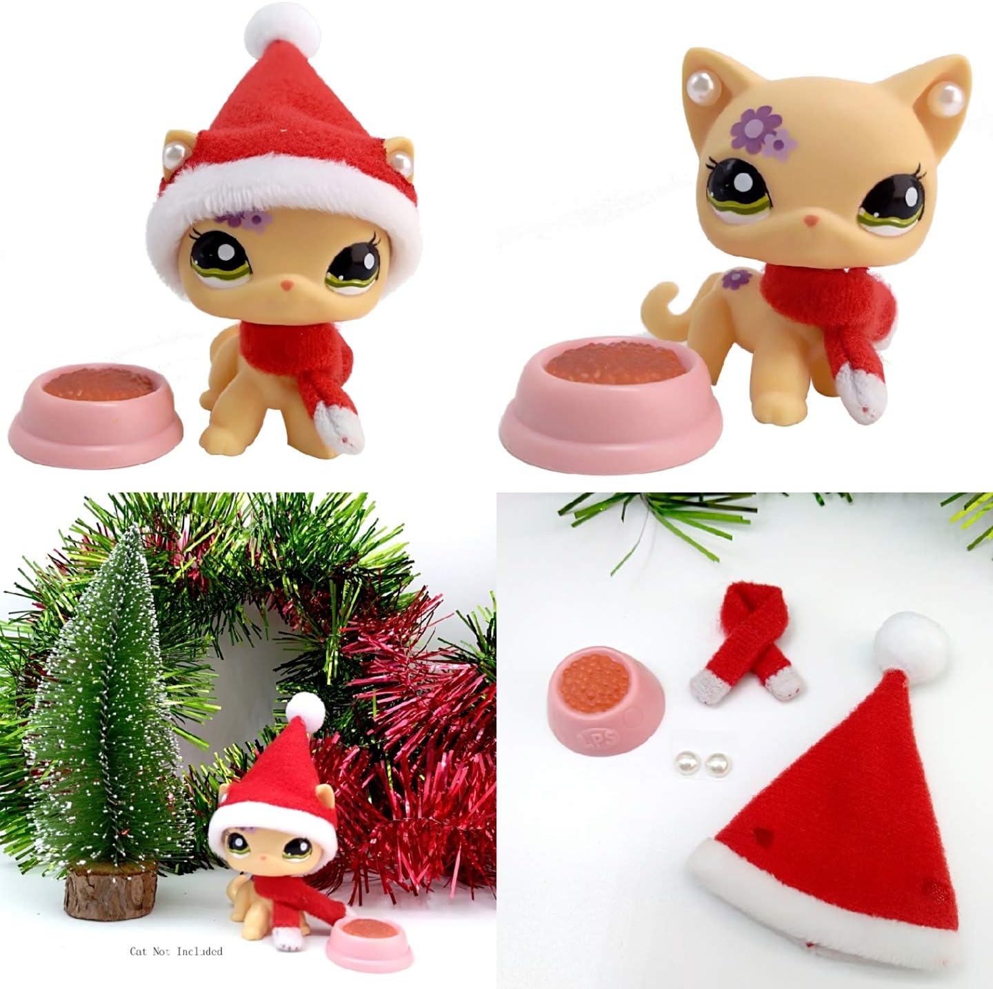 lps Christmas Accessories(Cat Not Included), Tiny Pet Shop Santa Hat lps Earrings lps Collars Foods for lps Rare Figures Short Hair Cat Great Dane Dog Dachshund Collie and Spaniel Cocker