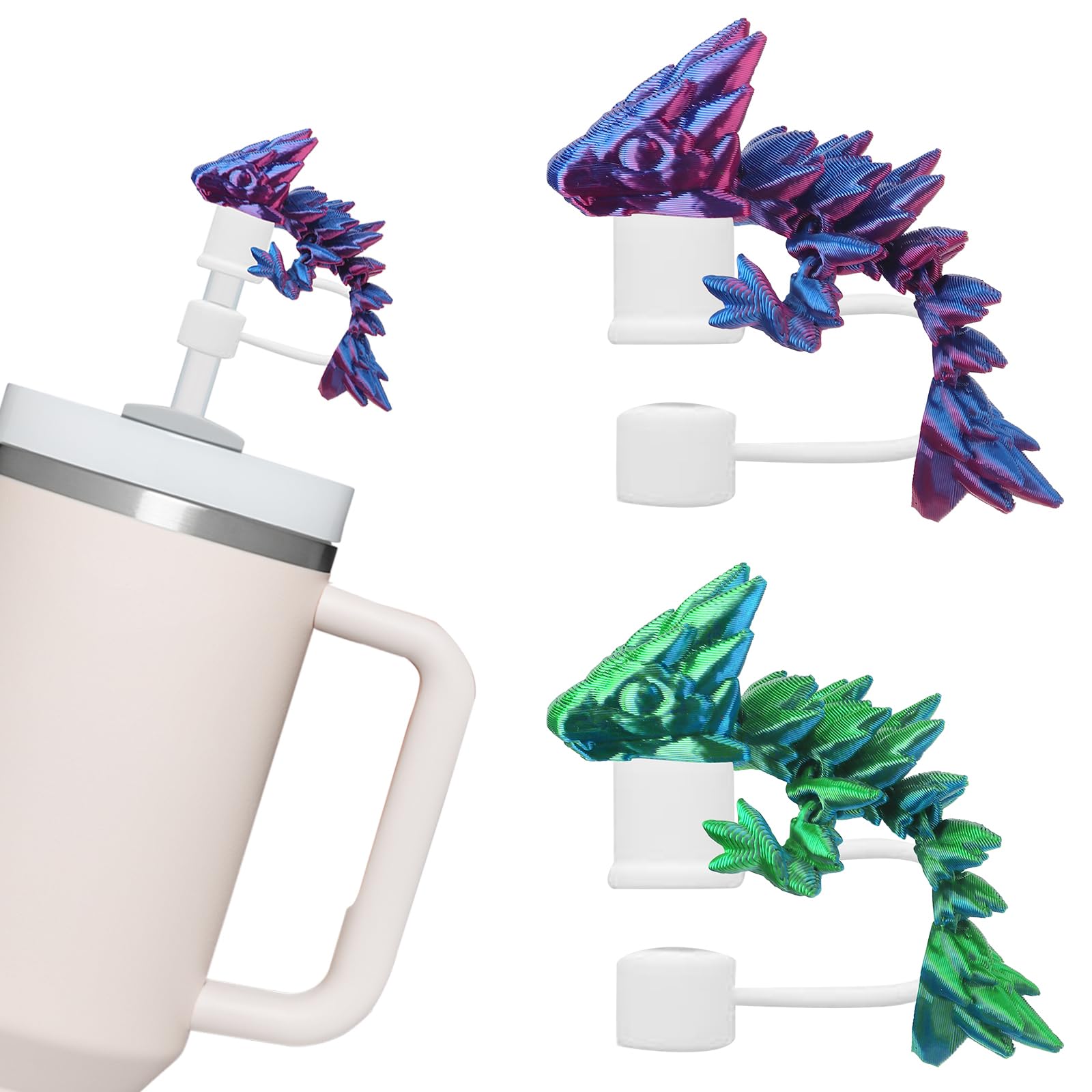 Photo 1 of ALIBBON 2 Pcs Silicone Straw Cover for Stanley Cup 3D Printed Green Purple Dragon Straw Topper for Stanley Cup Reusable Dust-Proof Straws Caps Lids Compatible with 10mm 30&40 oz Tumbler Accessories