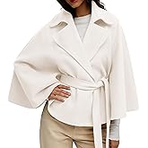VATEAMI Batwing Sleeve Poncho Pea Coats for Women Oversized Wool Blend Cropped Cape Jacket with Belt Cloak Winter Overcoat