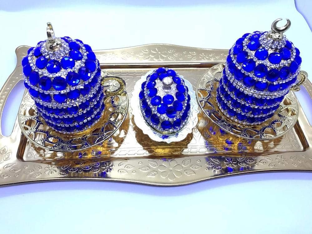 Two Pieces Set of Blue Crystal Coated Cup Golden Color Ottoman Turkish Greek Arabic Coffee Espresso Serving Cup Saucer Set…