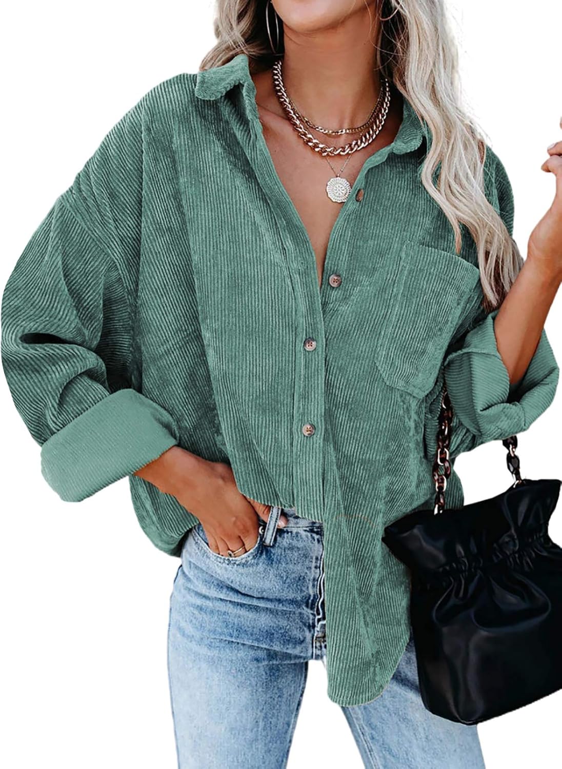 Dokotoo Womens Corduroy Button Down Shirts Boyfriend Long Sleeve Oversized Blouses Tops: Clothing