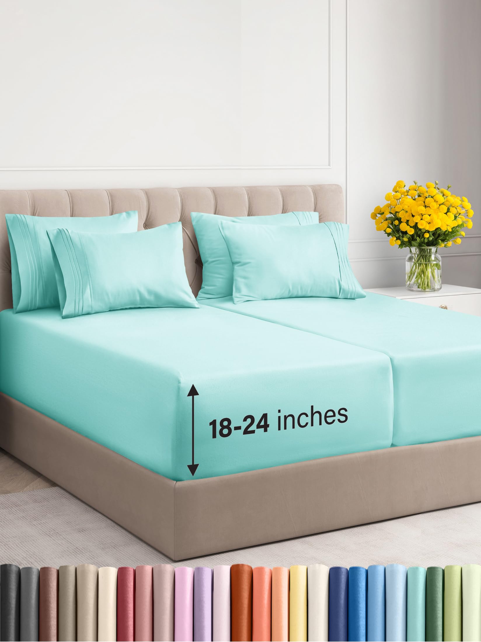 Photo 1 of Extra Deep Split King Sheet Set - 7 Piece Breathable & Cooling Sheets - Hotel Luxury Bedding Set 18-24 Inch Extra Deep Pockets - Easy Fit, Super Soft, Wrinkle Free & Comfy - Spa Blue, Split King Size