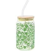 Silver Buffalo Shrek with Flowers and Mushrooms Green Doodle Pattern Glass Jar Tumbler with Bamboo Lid and Glass Straw, 16 Ounces