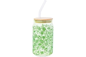 Silver Buffalo Shrek with Flowers and Mushrooms Green Doodle Pattern Glass Jar Tumbler with Bamboo Lid and Glass Straw, 16 Ounces