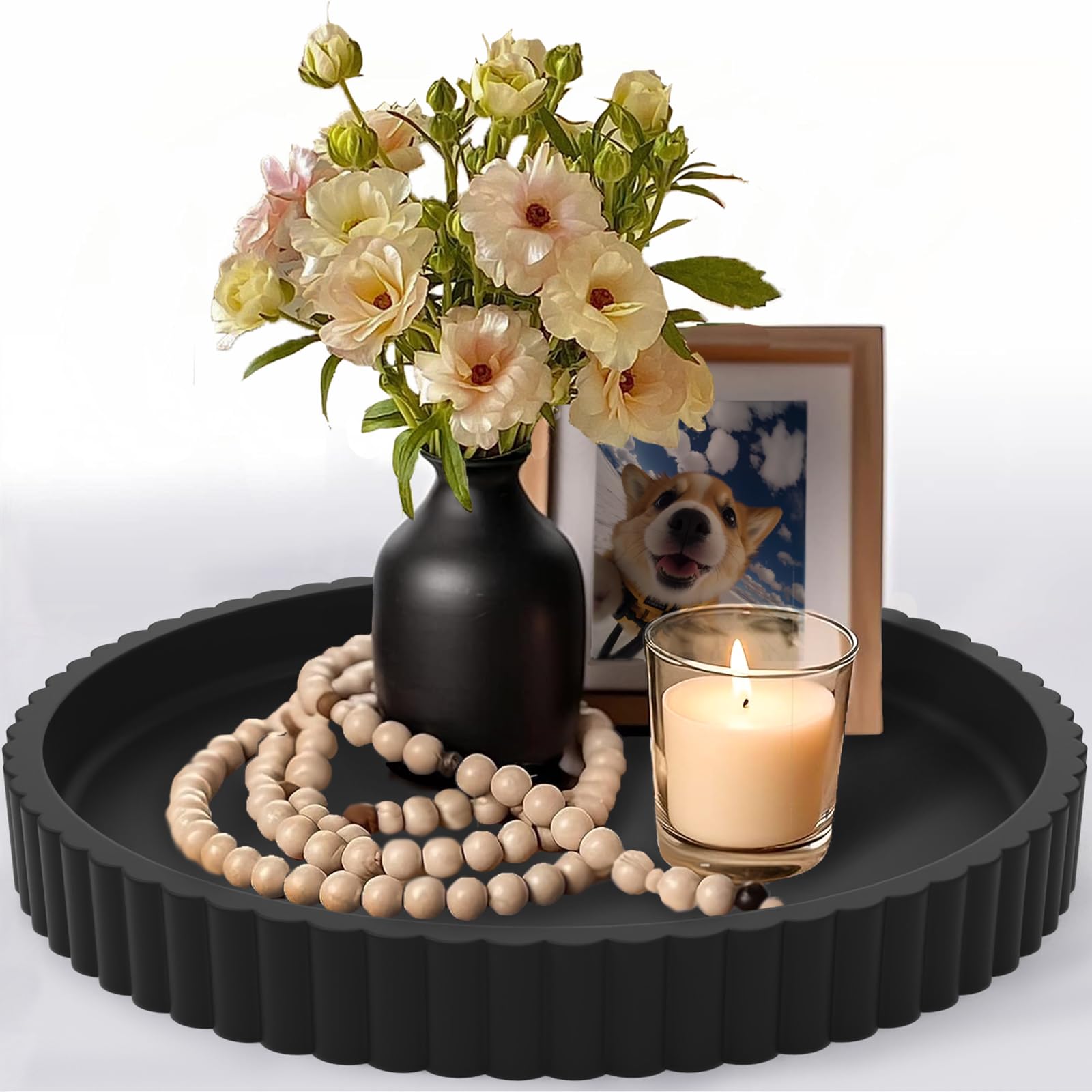 Photo 1 of 13" Round Concrete Tray for Coffee Table Decor, Modern Gray Centerpiece Decorative Home Table Serving Tray for Living Room, Office, or Dining Room - Durable and Stylish(Black)