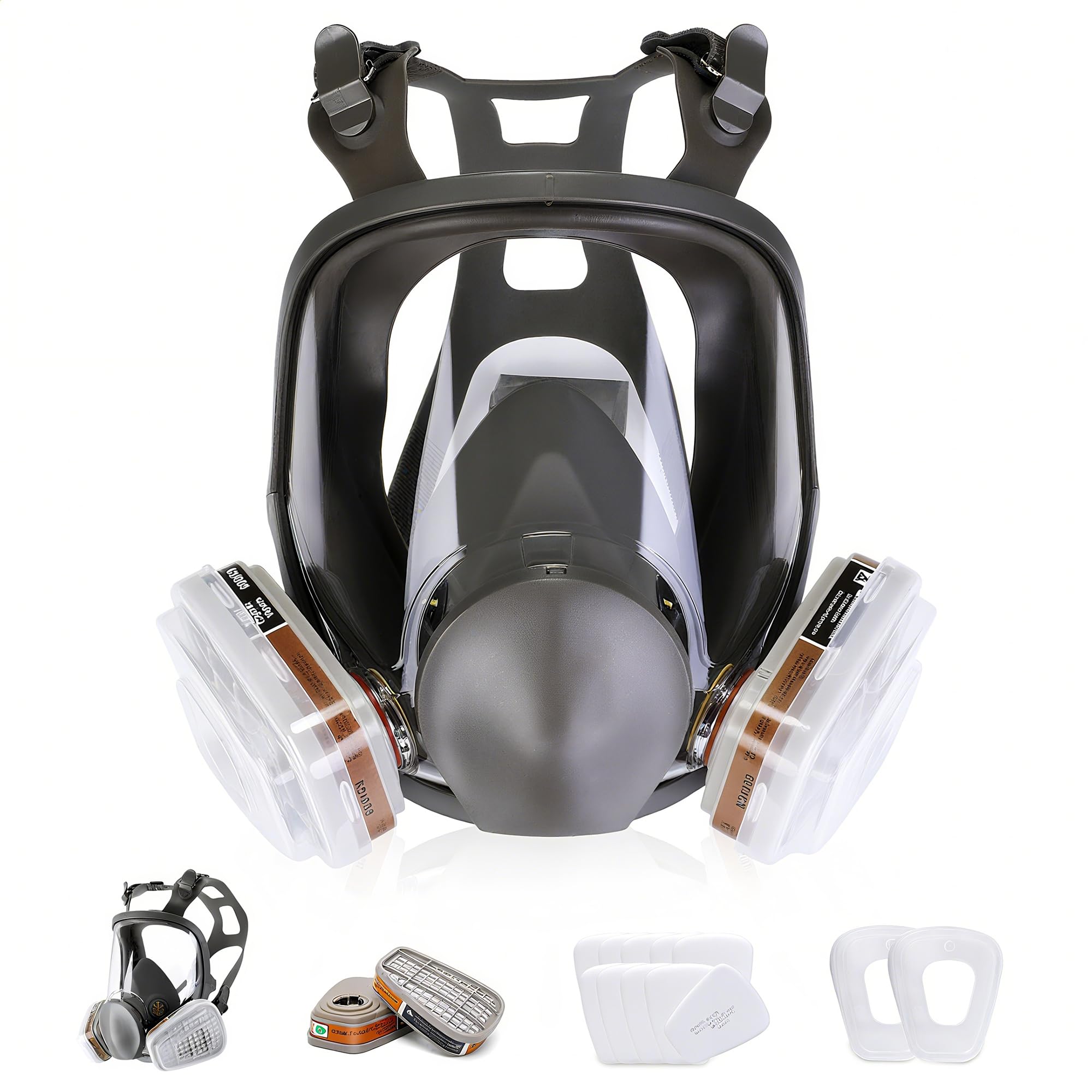 HOLULO 15 in 1 Reusable Full Face Respirator Gas Mask, 10 Replaceable Filters, Full Face Dust Mask for Spray Painting, Sanding, Epoxy Resin, Formaldehyde, DIY, Building, Asbestos Work
