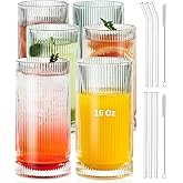 KEMORELA Ribbed Glassware Set of, Origami Style 16 Oz XL Drinking Glasses with Straws, Vintage Glassware Set - Glass Cups, Iced Coffee Cups Perfect for Cocktails, Smoothies, Juice, Beer (6Pcs)