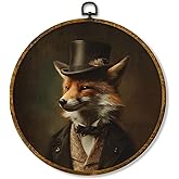 Hiuwevt Retro Fox Round Wall Art Decor, Vintage Dark Academia Fox Framed Canvas Prints, Retro Renaissance Animal Round Wall Hanging Decor for Home Living Room Decorations, 10x10 Inches