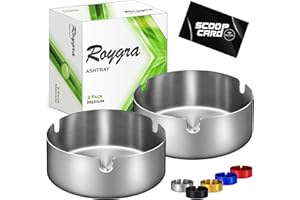 roygra Ash Tray (2 Pack), Outdoor Ashtray for Outside Patio, Stainless Steel Ashtrays for Cigarettes with 3 Holder, Smoking Accessories, Home Décor, Ashtrays for Smokers Indoor - Silver, Medium