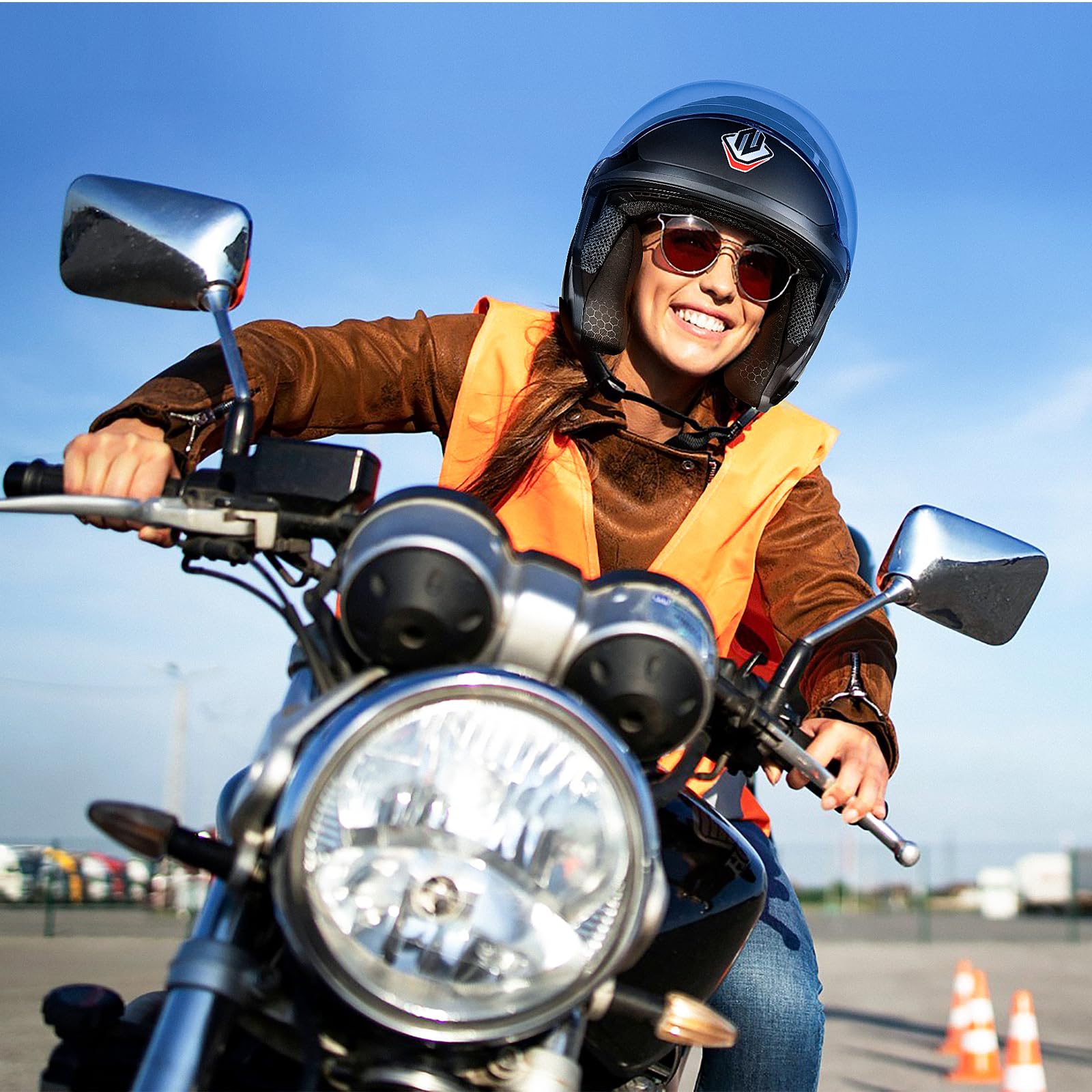 NENKI Rollerhelm für Motorradfahrer, Motorradhelm ECE 22.06, Jethelme mit Doppelvisier und Sonnenblende, Halbhelme für Damen Herren (Matt Schwarz, XL) 7