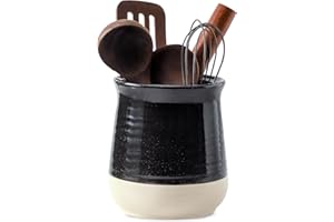 Hasense Ceramic Utensil Holder for Countertop, 7.1" Large Kitchen Utensil Caddy for Kitchen Organizer, Glossy Black Cooking Utensil Holder to Hold Spatulas, Utensil Crock for Farmhouse Decor
