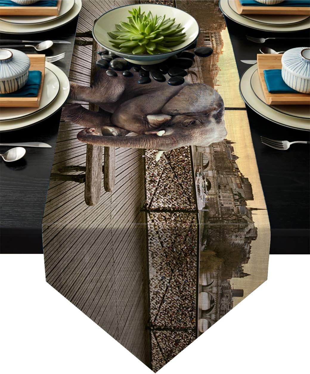 Fandim Fly Table Runner Funny Elephant Sitting on The Stree Table Runners for Catering Events, Dinner Parties, Wedding, Indoor and Outdoor Parties, 18 x 72 Inch