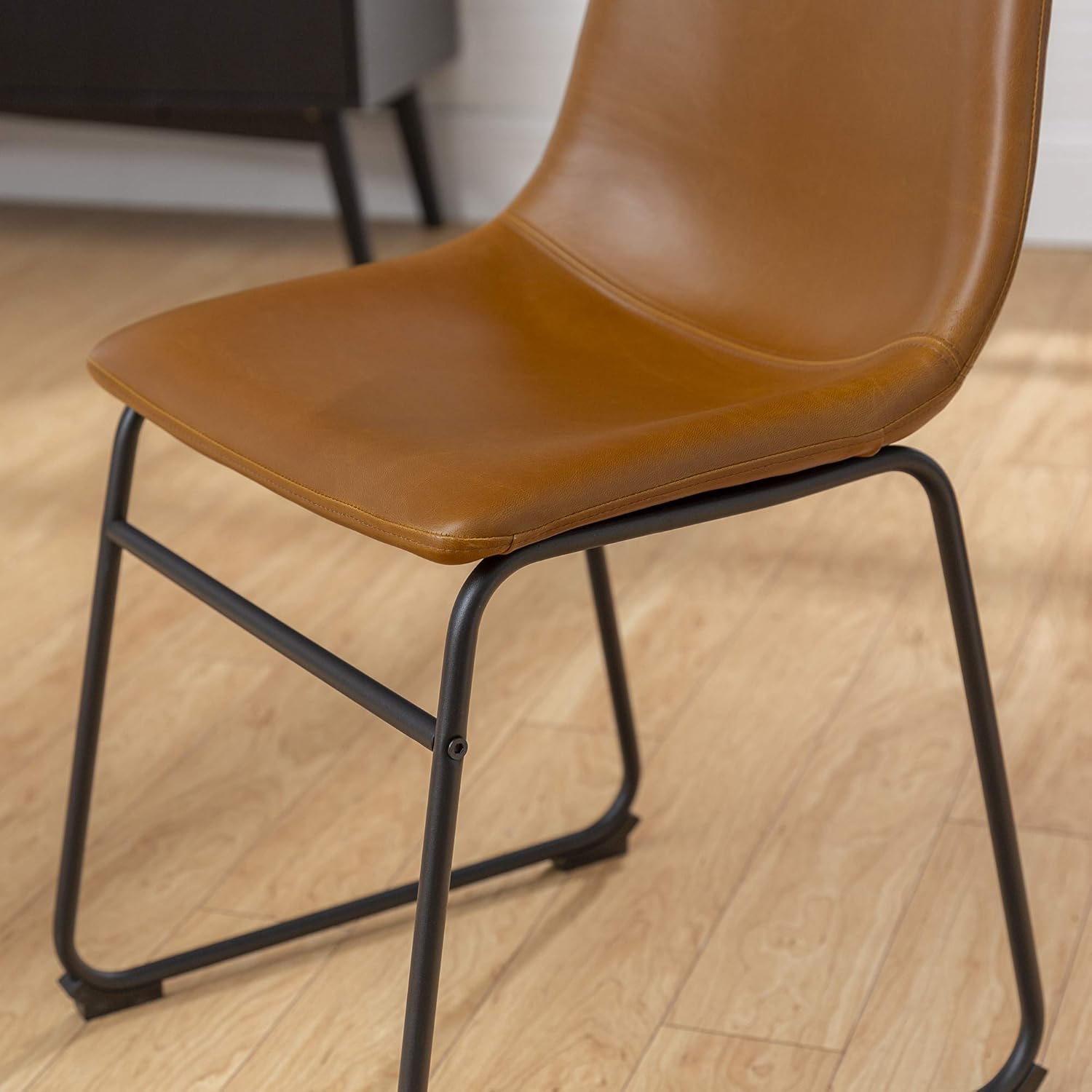Walker Edison Furniture Company 18" Industrial Faux Leather Armless Indoor Kitchen Dining Chair with Metal Legs Upholstered, Set of 2, Whiskey Brown - Chairs