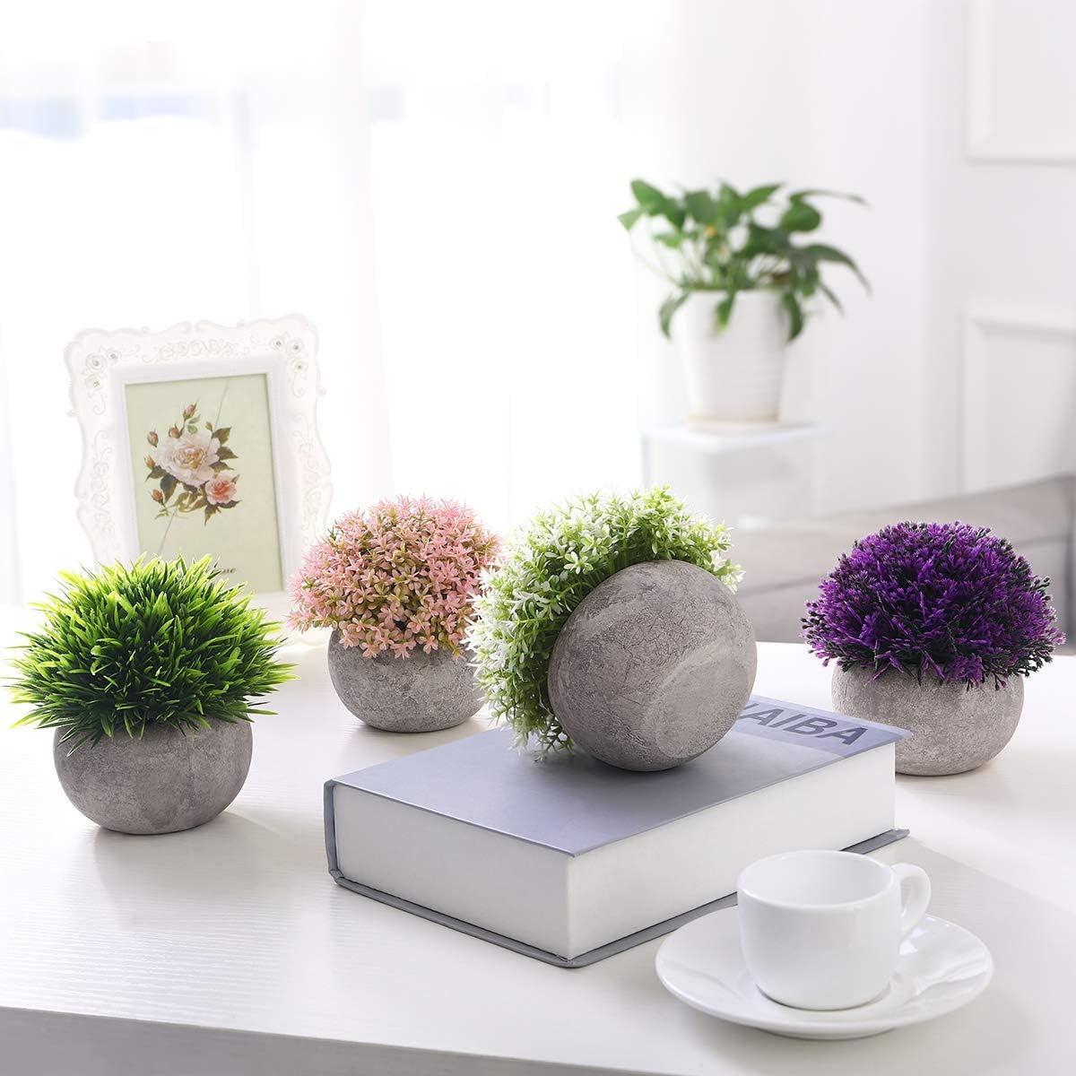 Homemaxs Fake Plants Mini Artificial Plants Potted 4 Pack Topiary Shrubs Plastic Plants for Home Decor -