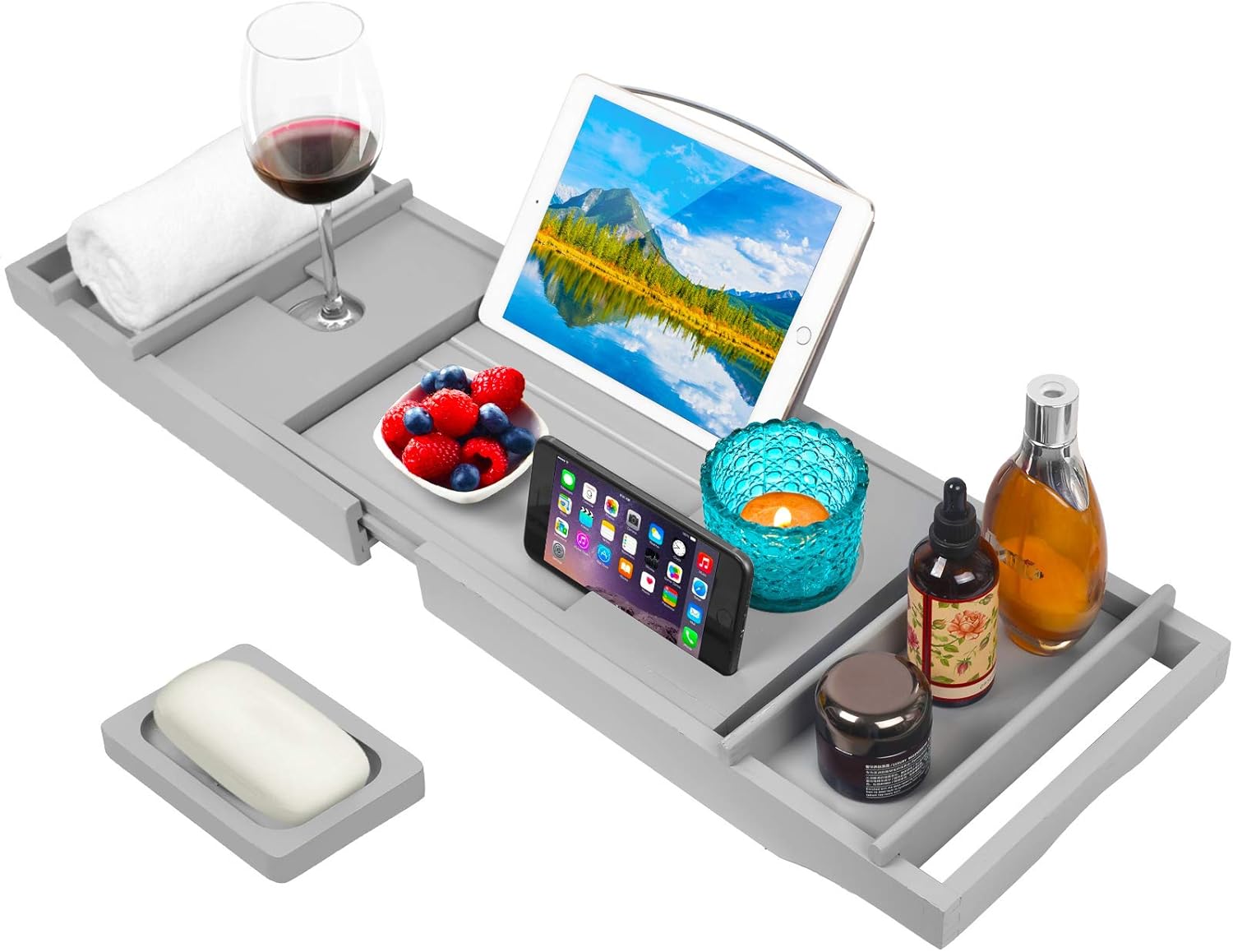 Artmalle Luxury Bamboo Bathtub Caddy Tray with Book and Wine Holder,Bath Accessories & Bed Tray with Extending Sides,Bathroom Organizer for Men/Women,Free Soap Holder,Gray: Home & Kitchen