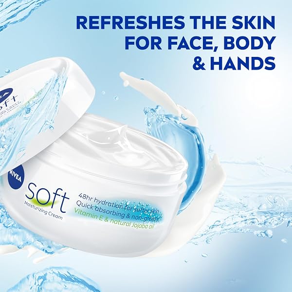 NIVEA SOFT REFRESHINGLY SOFT MOISTURIZING CREAM FOR FACE, BODY AND HANDS, LIGHTWEIGHT, NON-GREASY, 48-HOUR BODY MOISTURIZER WITH JOJOBA OIL AND VITAMIN E, 6.8 OZ JAR, PACK OF 3