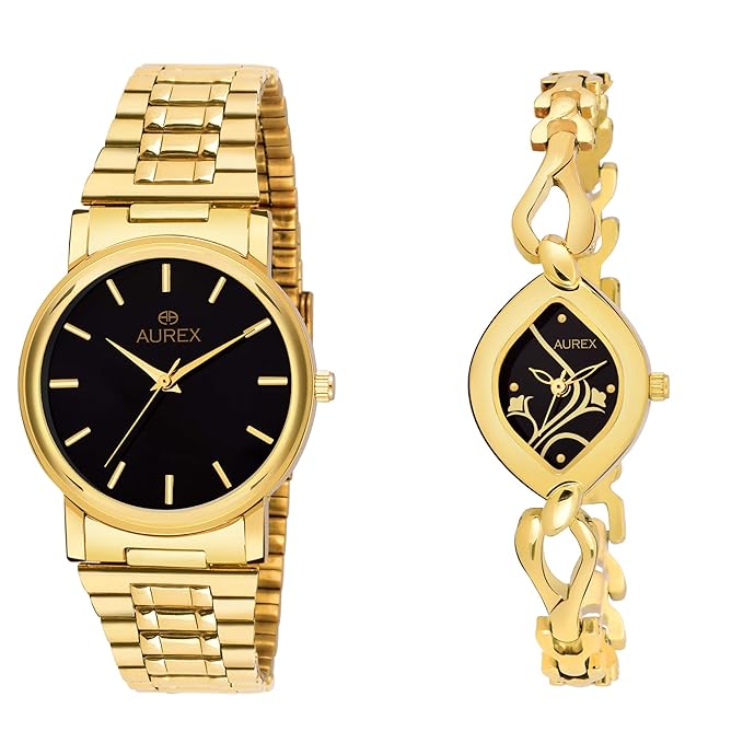 Aurex Analouge Black Dial 18 K Gold Plated Watch Water Resistant Golden Color Strap Wrist Watches for Couple (AX-1013B-L2455B)
