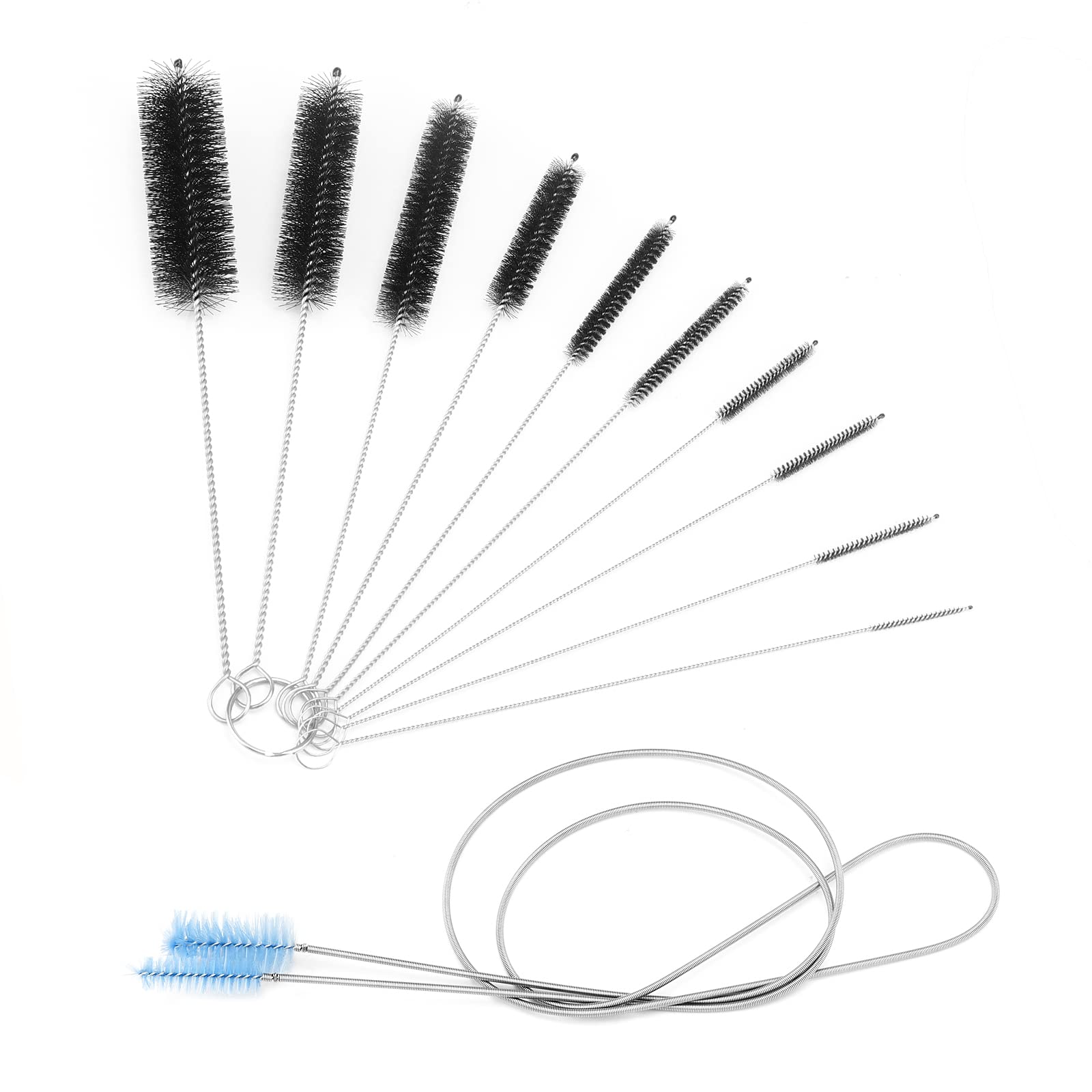 ZEONHEI 11Pcs Nylon Cleaning Brush Kit, 155cm Stainless Steel Aquarium Cleaning Brush Kit, Flexible Double Ended Fish Tank Tubes Filters Pipe Brush with 10 Different Size Brush for Home Kitchen