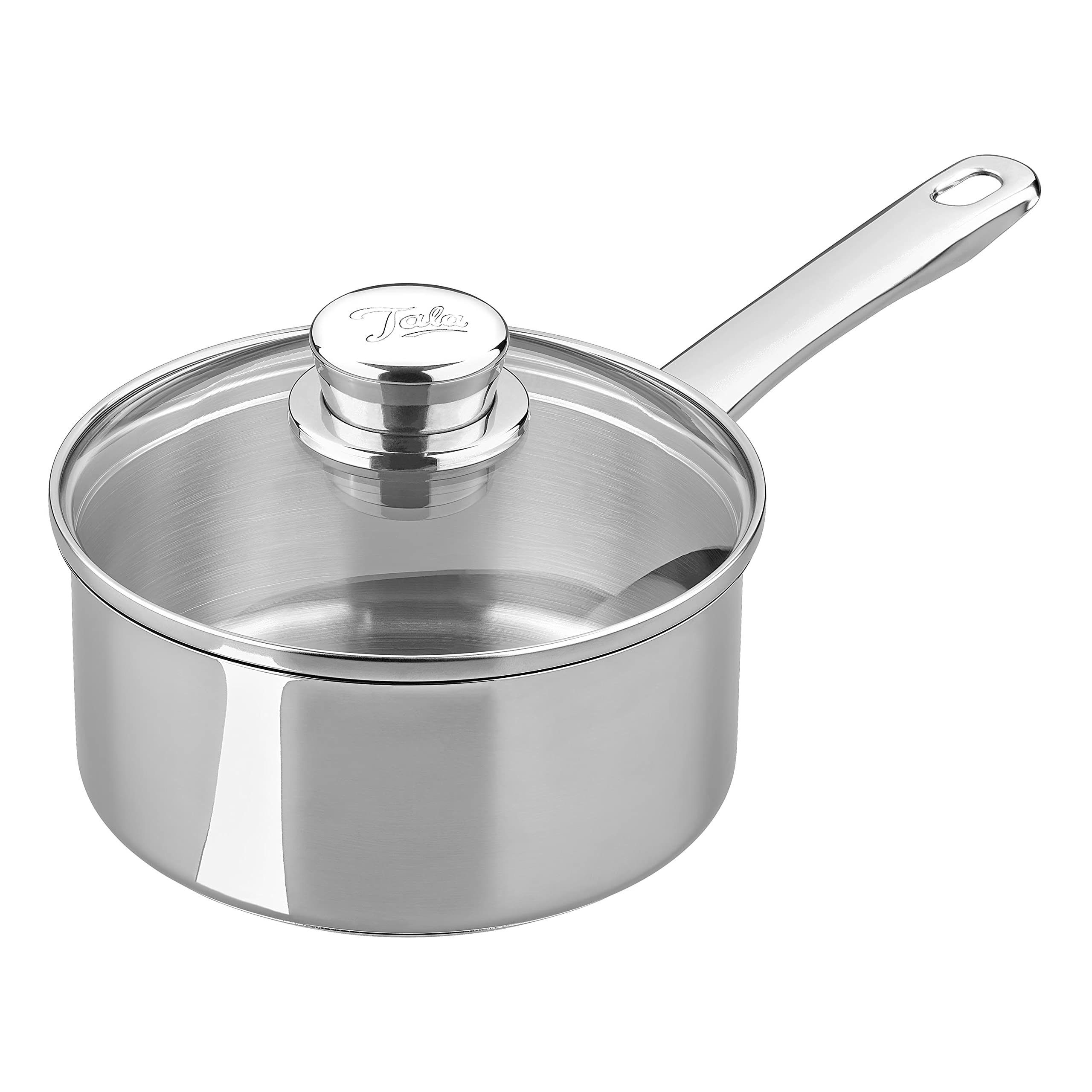 Tala Performance Stainless Steel 16cm Saucepan with Glass Lid, 18/10 Mirror Polished, Made in Portugal, Induction Compatible, Even Heat Distribution, Stay-Cool Handles, 25-Year Guarantee
