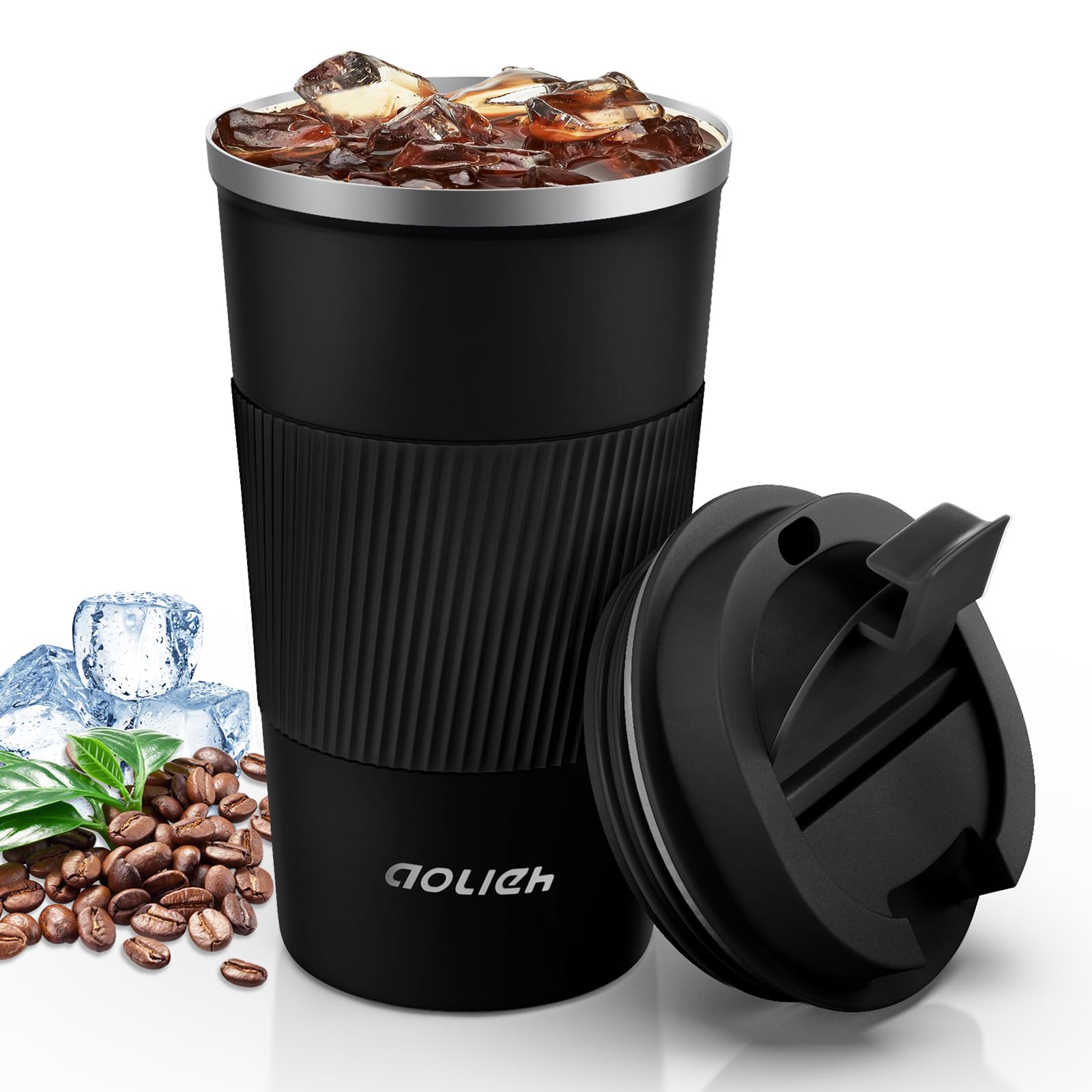 Aolieh Travel Mug 510 ml, Insulated Coffee Cup with Lid, Reusable Stainless Steel Thermal Cup for Coffee, Tea & Cold Drinks, Leak-Resistant Double-Walled Travel Mug, Black