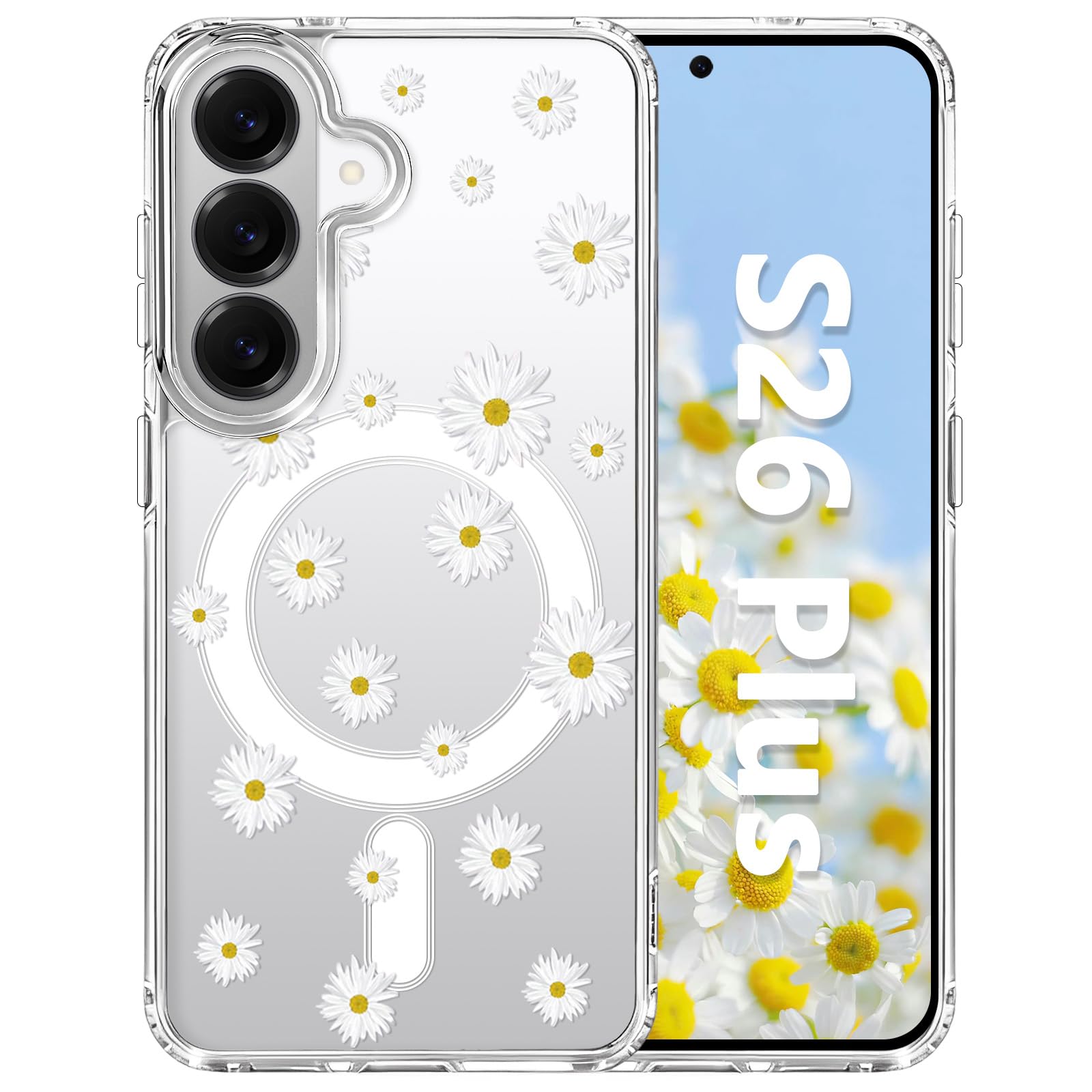 Tcaraersing Magnetic Case for Samsung Galaxy S26 Plus 6.7" Clear Flower Case, Cute Floral Aesthetic Design & Compatible with MagSafe, Slim Fit Shockproof Cover for Women Girls, Nice Daisy