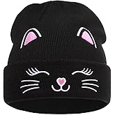 LUCKYBUNNY Kids Girls Cat Embroidery Beanies Winter Warm Knitted Hats Skull Cap for Ages 7-12 Years