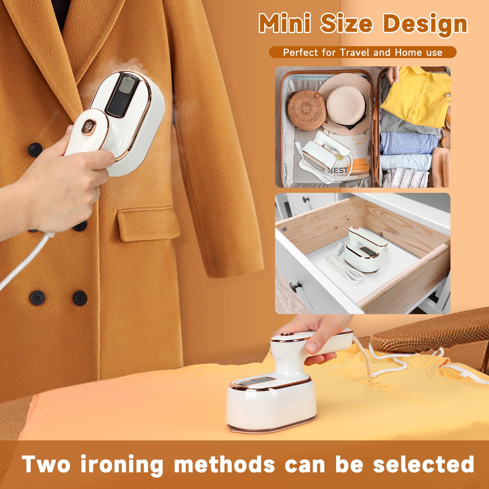 AWESQCQ Micro Steam Iron for Clothes, Portable Handheld Travel Garment Steamers with Dry & Wet Ironing, 1000W 20S Fast Heat Up Steaming, Rotating Foldable Mini Garment Steamer Machine (1PCS, White)
