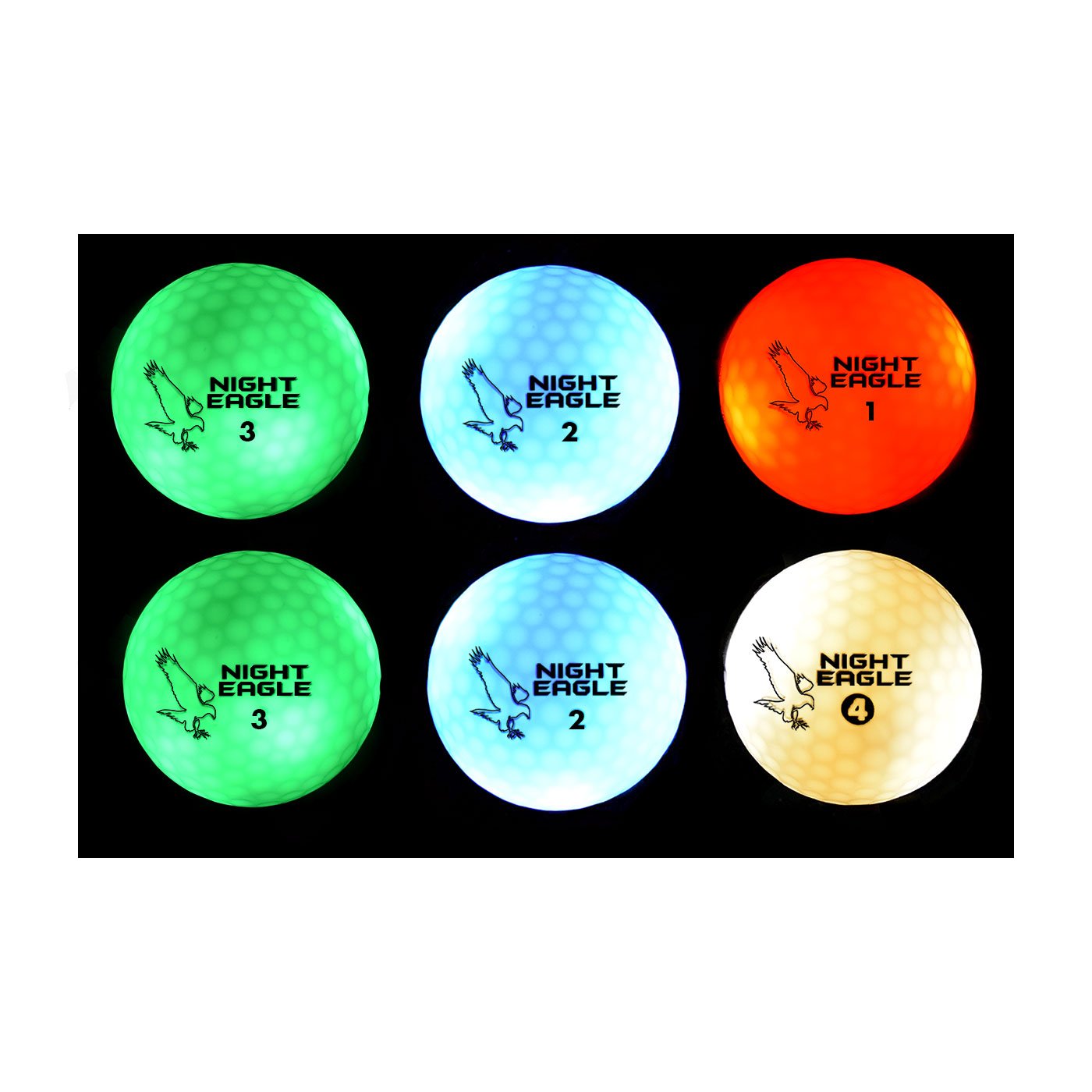 Night Eagle CV LED Golf Balls - Light Activated - No Timer - 6 Pack (2xGreen,2xBlue,Red,White)