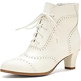 Pixoecuty Short Ankle Boots Lace Up Booties for Women Side Zipper Victorian Boots Block Chunky Mid Heel