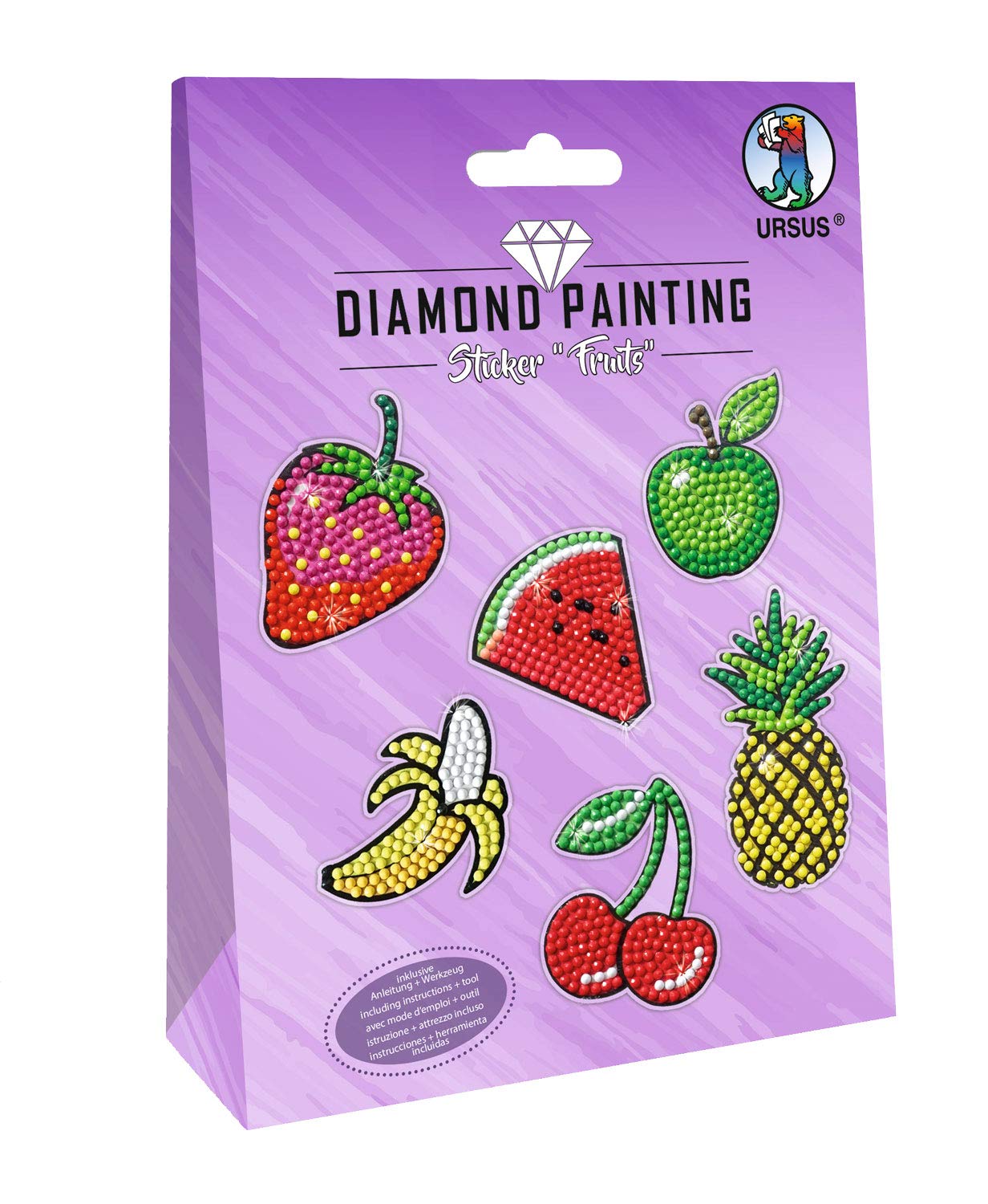 URSUS Painting Fruits-2 x Sticker Sheets 15cm x 10cm-Various Designs-Diamond Stones, Pickers, Wax and Bowl, Colourful, 15 x 10 cm