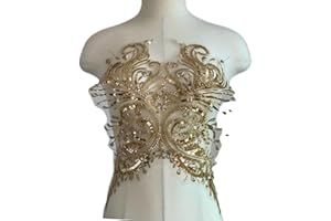 JRYYR Sequin Applique, Gold Appliques, DIY Accessories Applique Patch, Beaded Appliques for Dresses, Dancewear, Evening Gowns, Apparel and More. (Gold)