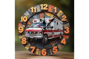 GVYGVY Decorative Wall Clocks Battery Operated 10 Inch - Modern Wooden Retro Red Ambulance 2D Print Non Ticking Silent Wall C