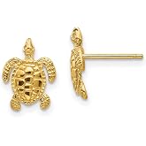 14k Yellow Gold Sea Turtle Stud Earrings, Ocean Animal Posts | 11 x 9 mm, textured polished finish, post and push back, solid cast pair