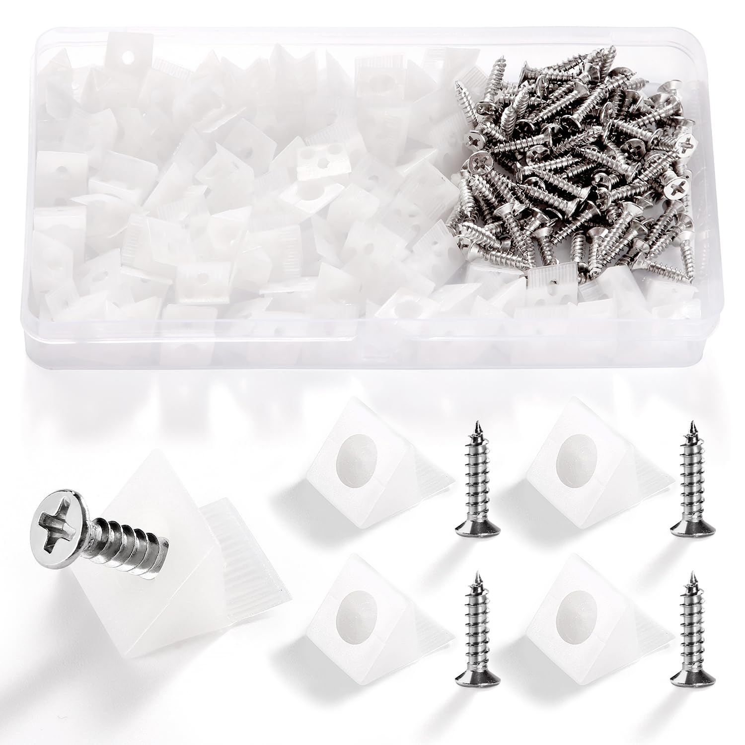 VooGenzek 100 PCS Drawer Bottom Sagging Repair Mending Wedges, Drawer Base Support Reinforcement, Furniture Chest Bottom Repair Fixing Mending Wedges, with 100 PCS Screws, 14 * 13 * 9.3mm (White)
