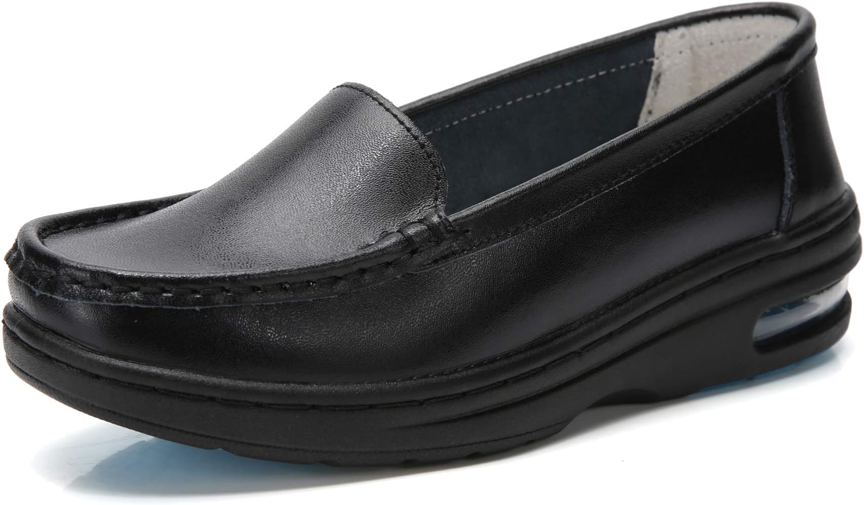 TRULAND Women's Leather Nurse Shoes All White/Black Comfortable Lightweight Air Cushion Slip Resistant Work Nursing Shoes