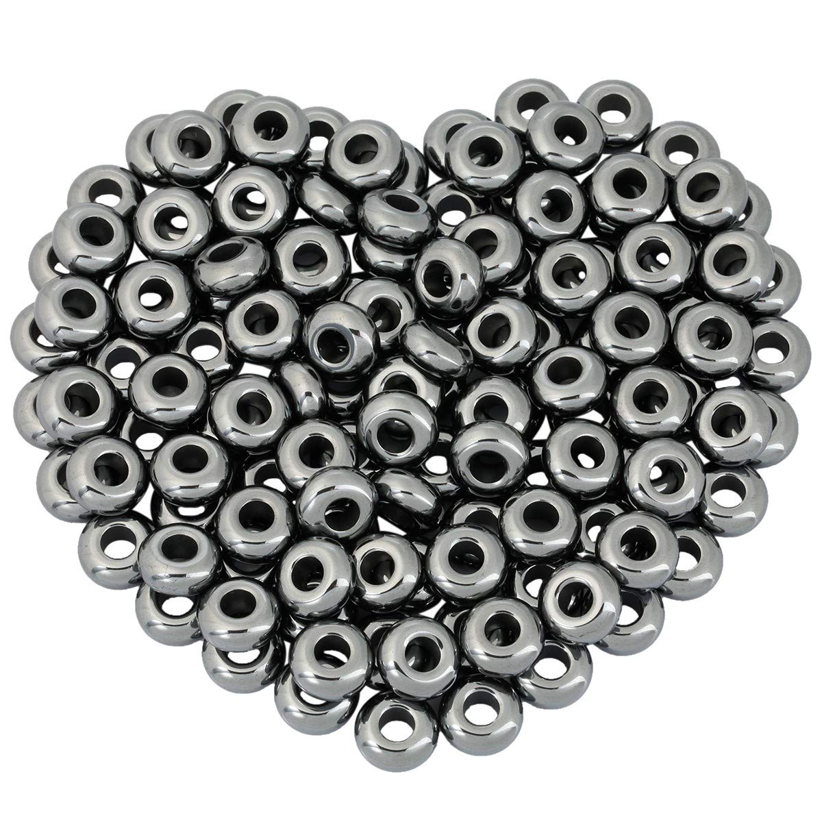 mookaitedecor 20pcs 14mm Natural Hematite Round Large Hole Gemstone Beads for Jewellery Making, 6mm Hole Loose Rondelle Crystal Stone Beads for Crafting European Bracelet Macrame DIY Projects