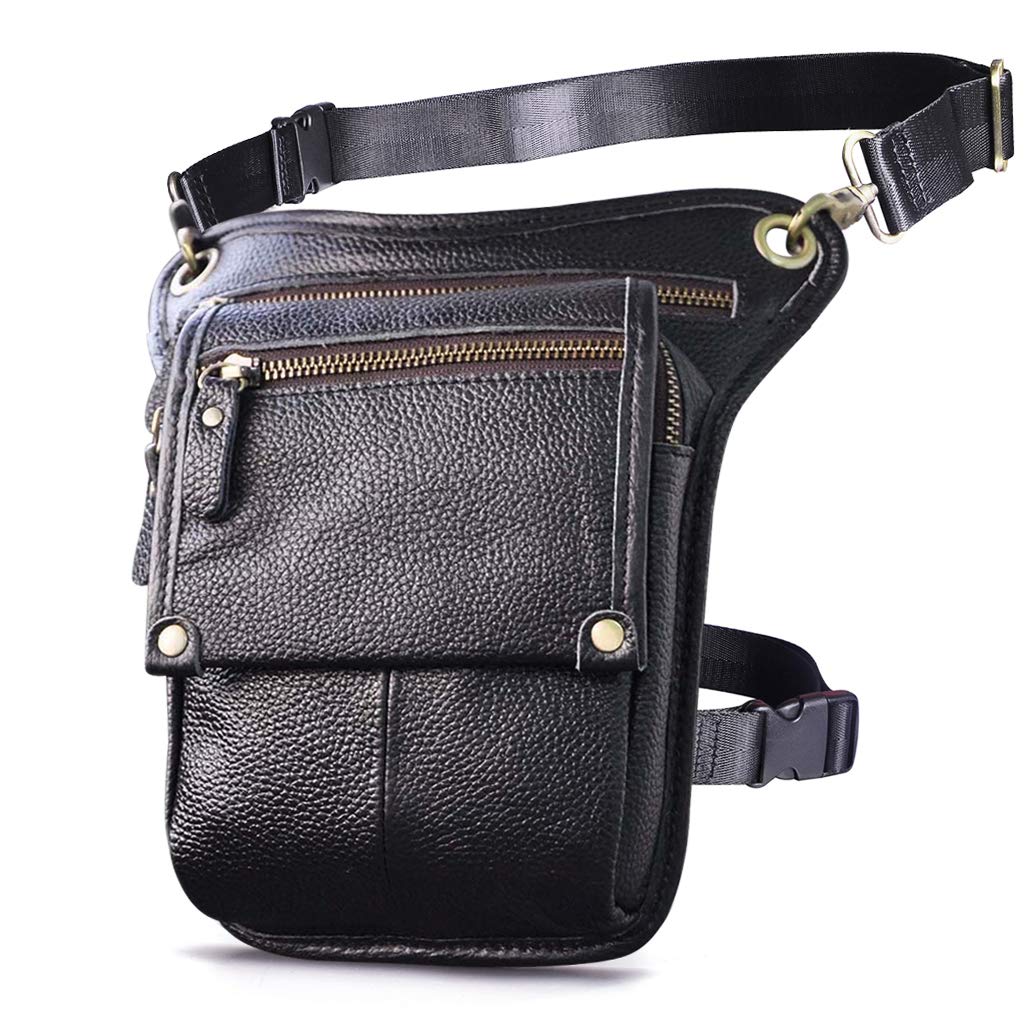 Le'aokuu Mens Genuine Leather Messenger Motorcycle Hip Bum Blet Fanny Waist Pack Drop Leg Thigh Bag (211-4 Black)