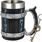 Viking Coffee Mug Gifts for Men - 21OZ Large Viking Rune Cup Wood Style Beer Stein with Handle, Stainless Steel Tankard Beer Mug, Antique gifts for Men Bar Restaurant Renaissance