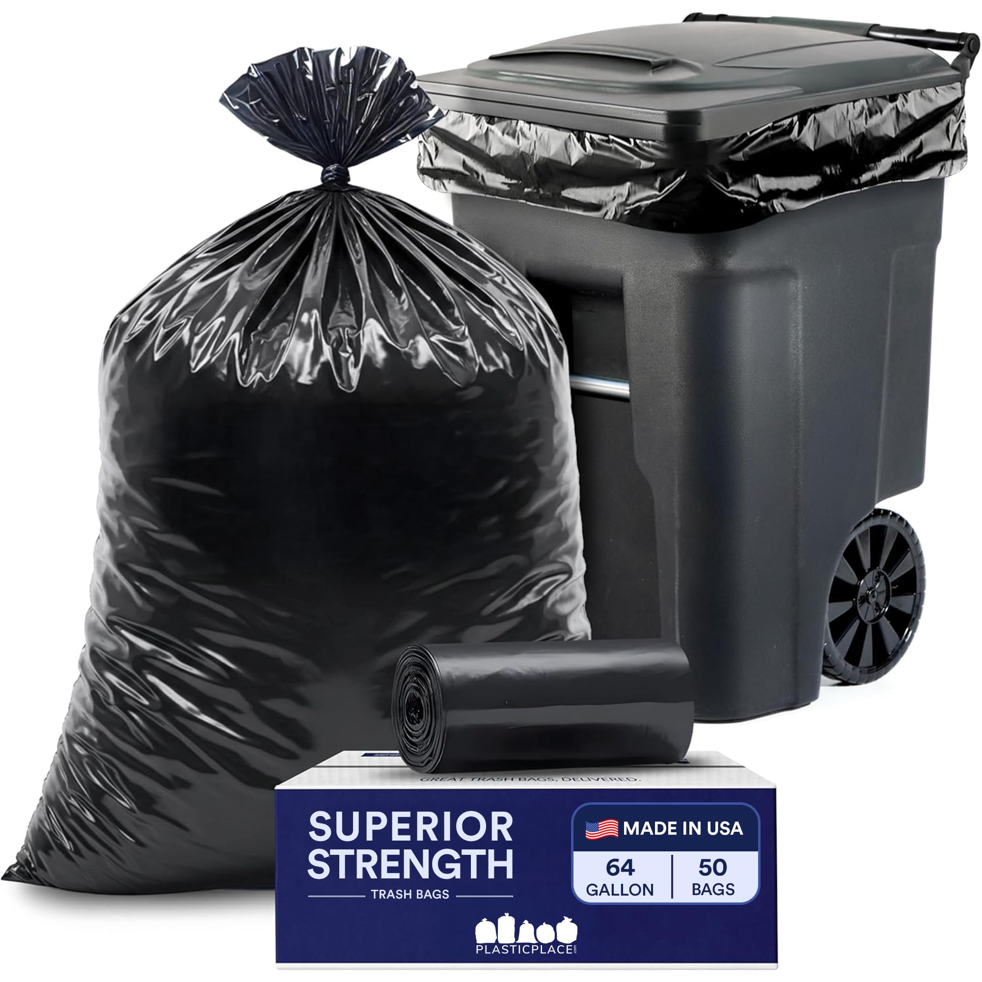 Plasticplace Black Trash Bags (50 Count) – Heavy Duty 64-65 Gallon Garbage Bags, Puncture Resistant, Large Trash Can Liners, Ideal for Toter Cans, Kitchen & Outdoor Use, 50" x 60" 1.5 Mil Image